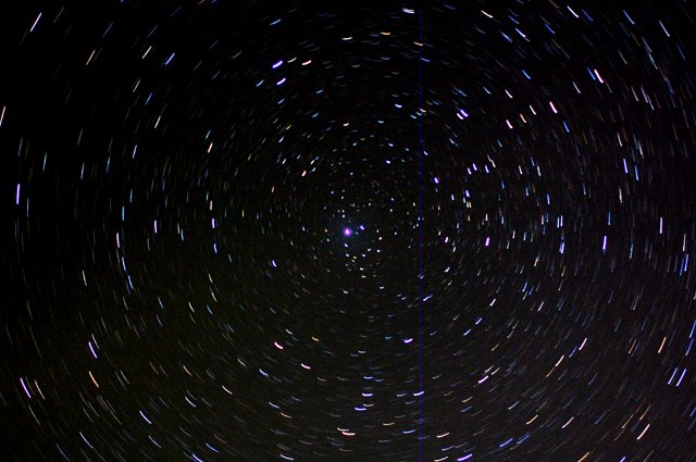 21 30-sec images from the D40 stacked, but not aligned so that the rotation of the Earth is evident by the trails formed by the stars.