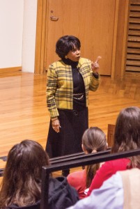 Brown Henderson lectures to an audience about African American rights and the 14th Amendment on Tuesday, Feb. 12. Photo by Esaul Flores
