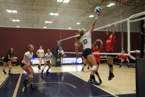 Michelle Tennant going for a point during a sweep over Kansas City Kansas Community College during the JCCC tournament