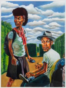 Two individuals in a hedge maze, one is a black woman with her hair shaved at the sides that wears street clothes and hold two smart phones. The other is a black man sitting down, he wears a fedora and is taking off a shoe.