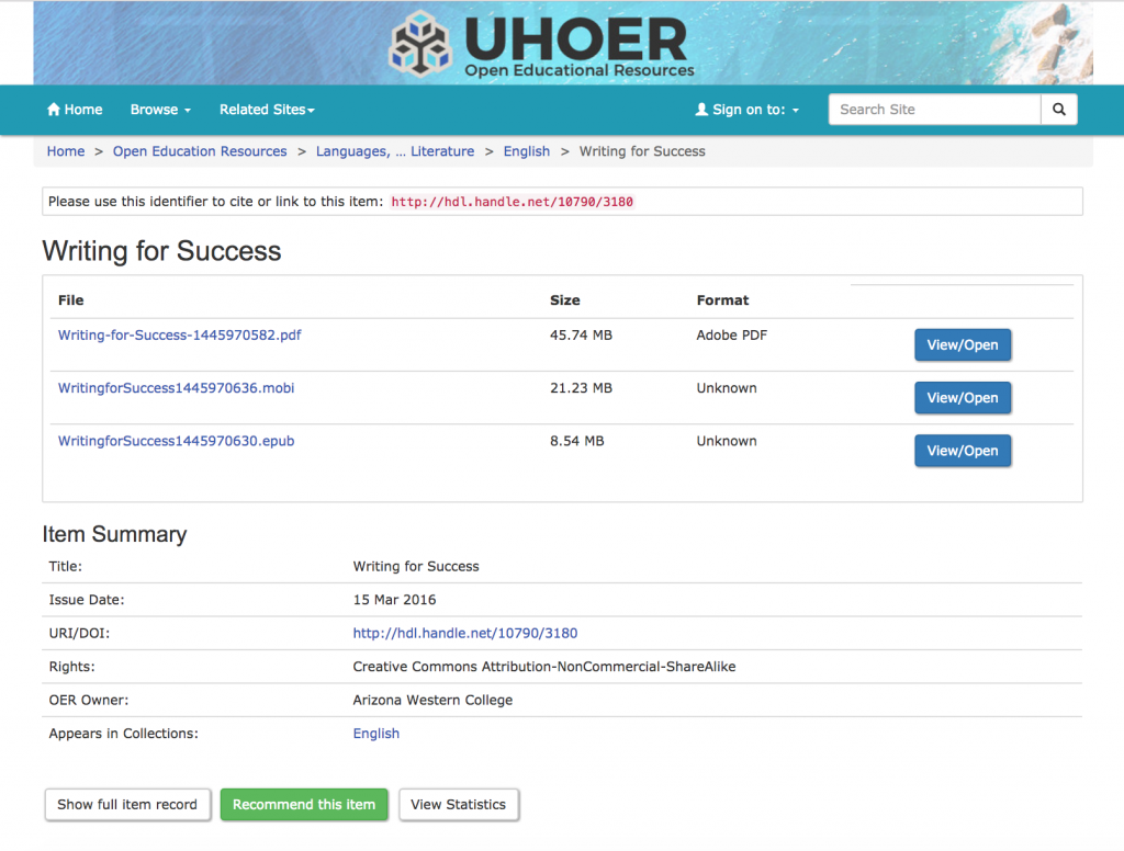 Screenshot of item in UH OER Repository