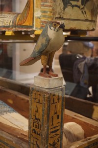 Falcon-god atop an outer coffin post, Ashmolean Museum, Oxford, England