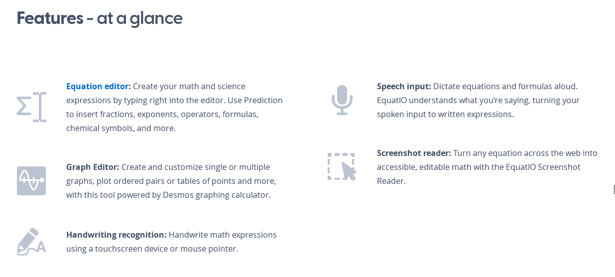 Equatio Features including Editor, Graph Editor, Handwriting recognition, Speech Input and Screenshot reader