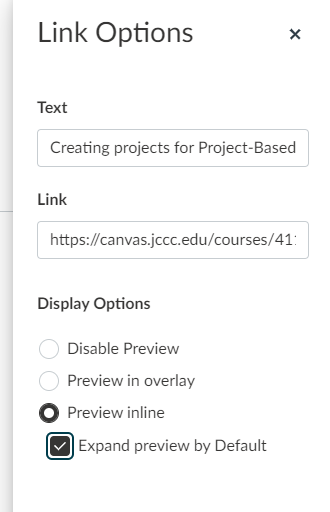 screenshot of canvas link options