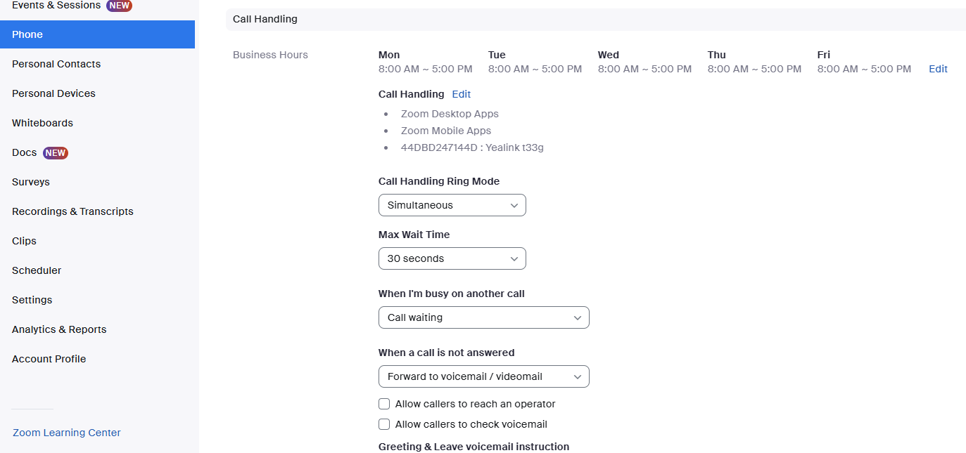 zoom phone call handling hours