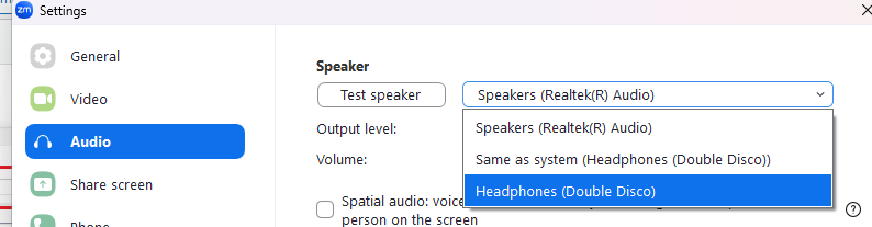 zoom settings showing audio speaker setting to personal device
