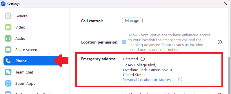 screenshot of zoom client address settings 