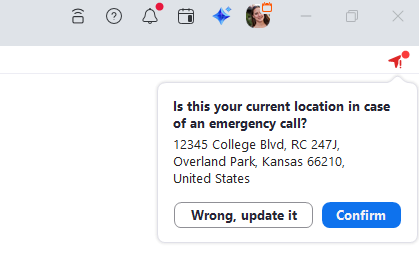 screenshot showing the zoom emergency address confirmation notification and pop up notice