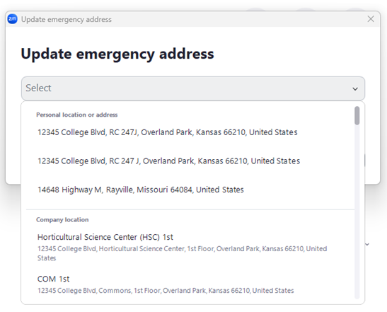 zoom address drop down selection box