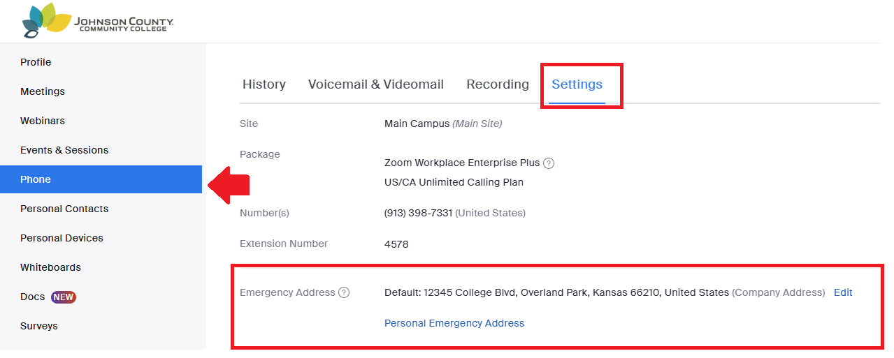 screenshot of web settings for phone emergency address