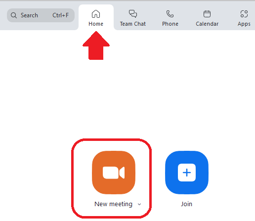 screenshot of zoom client with home and new meeting highlighhed