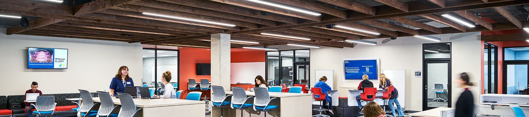 A photograph of the CoLab space, a large room with many different seating options